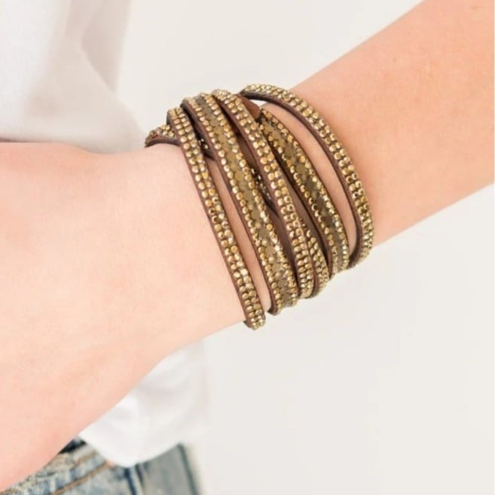 Rock Star Attitude Brass Bracelet Paparazzi Gold Studded Leather Wrap Bracelet - Picture 2 of 4